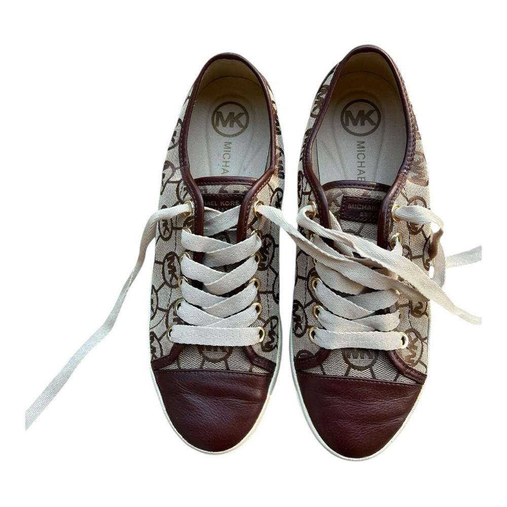 Michael Kors Shoes Brown Leather Tan Canvas Logo Lace Up Sneakers Size 6.5